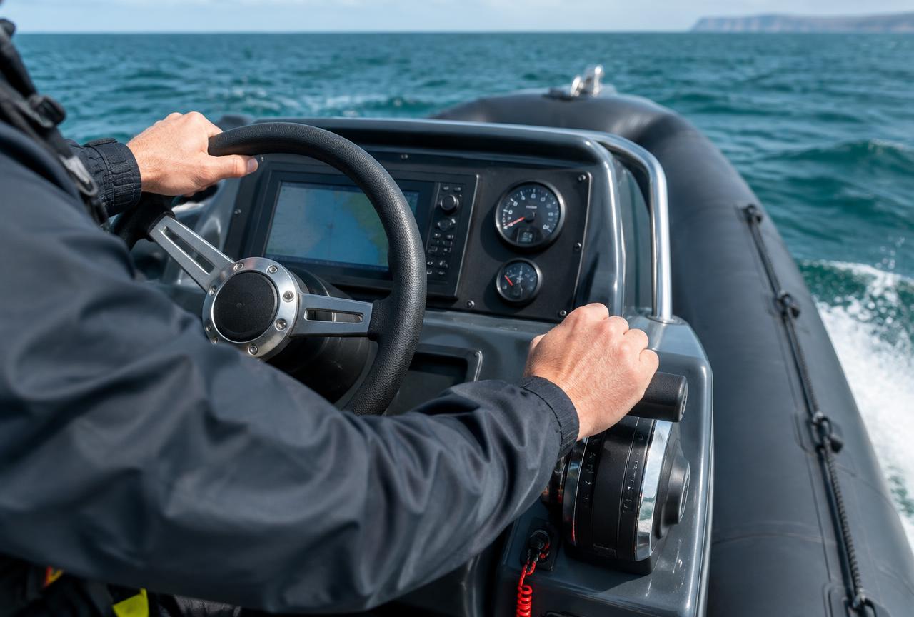 Student at the helm of a RIB powerboat during practical training